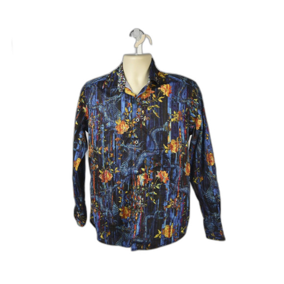 Robert Graham Blue Asian Floral Dragon Long Sleeve Classic Button Down Size S